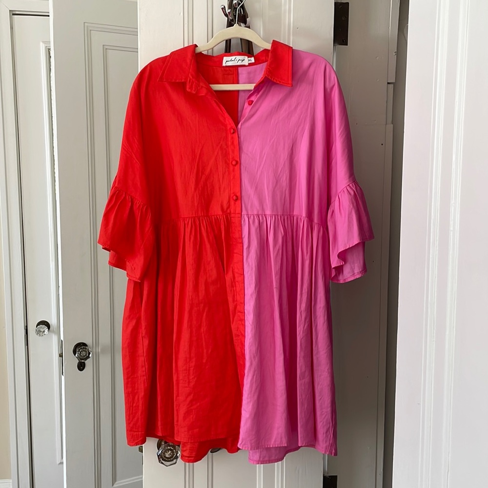 Adorable pink and red split color dress from Petal & Pup